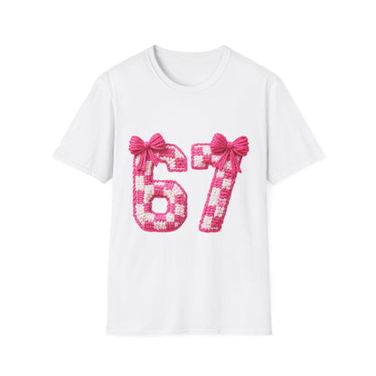 67 Pink Plaid Number T-Shirt — Cute Bow Graphic Tee for Milestone Birthdays