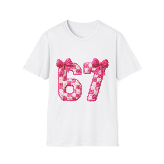 67 Pink Plaid Number T-Shirt — Cute Bow Graphic Tee for Milestone Birthdays
