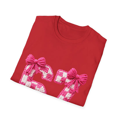 67 Pink Plaid Number T-Shirt — Cute Bow Graphic Tee for Milestone Birthdays
